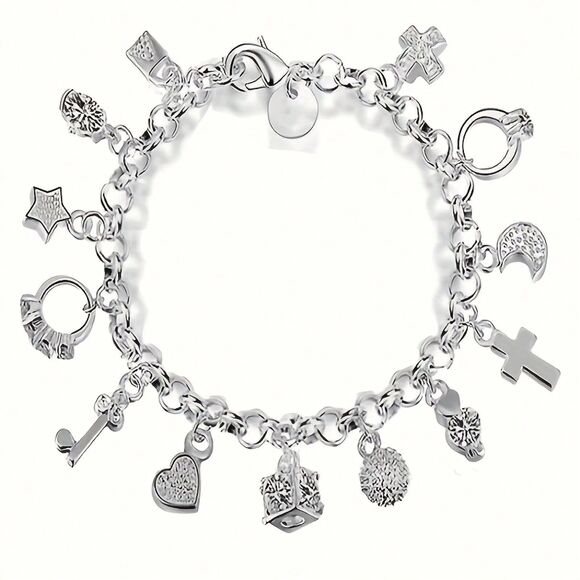 Silver Multi Charm Link Bracelet Adjustable Pendant Heart Ring Cross Star Key - Picture 3 of 6